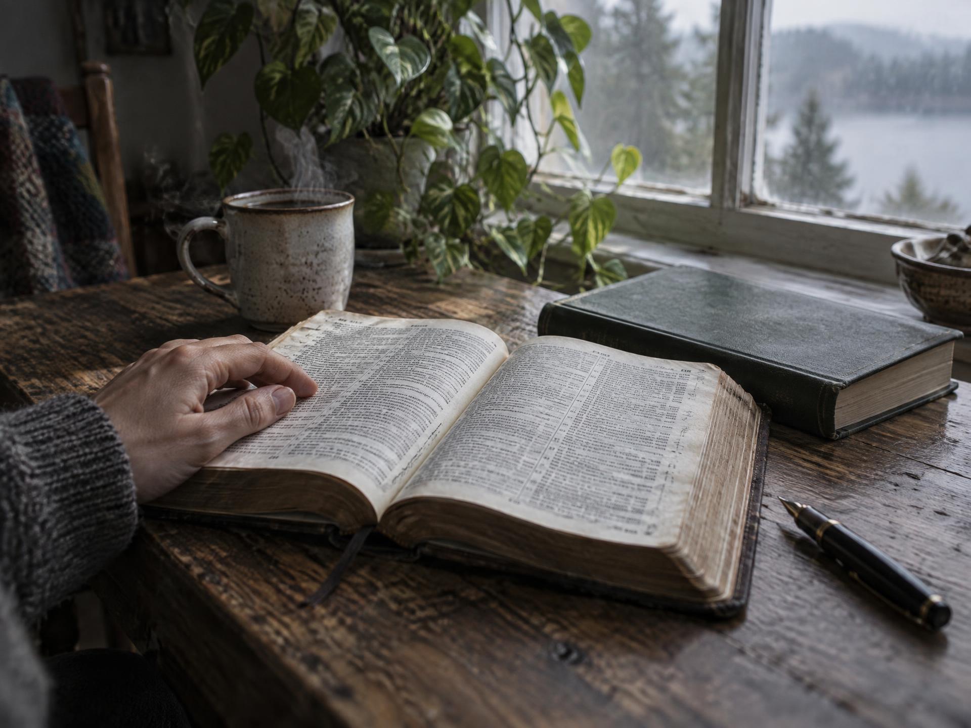An open Bible and notebook in soft morning window light