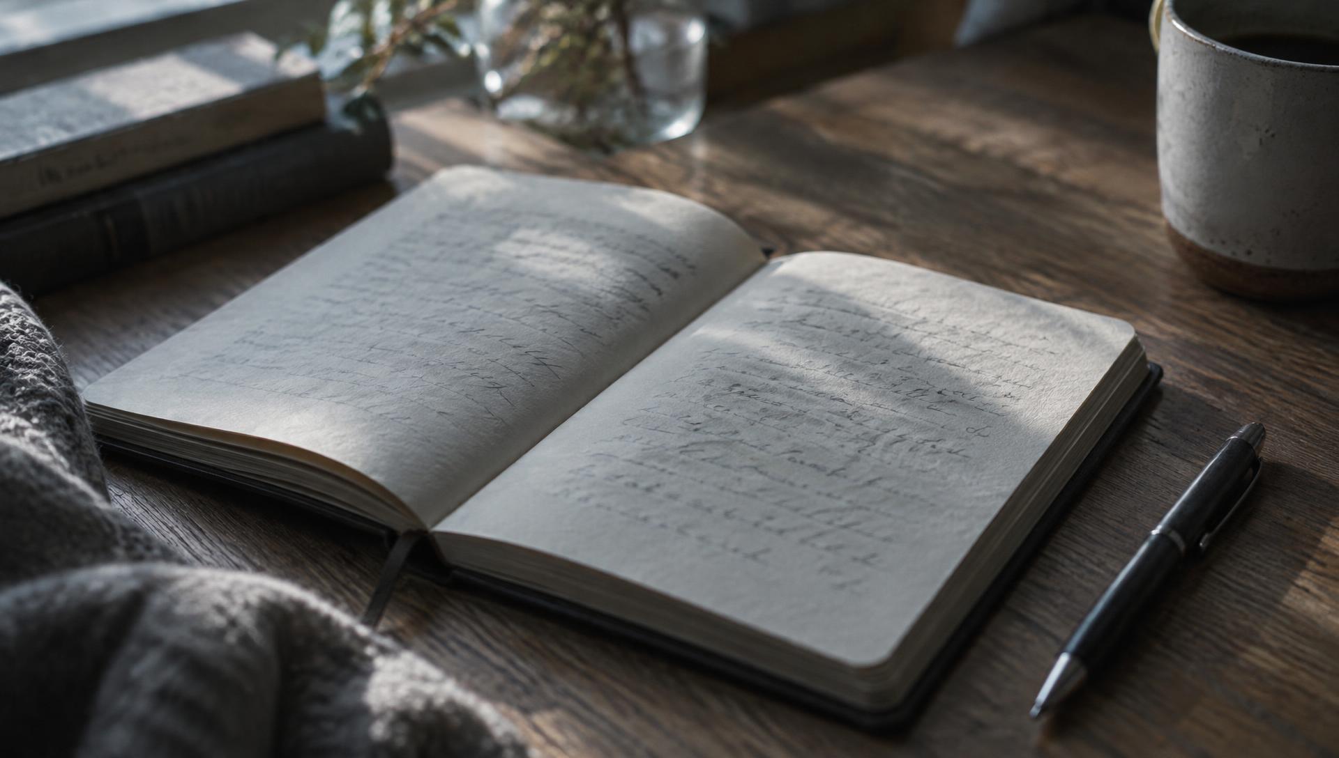 An open notebook with pencilled notes beside a pencil in morning light