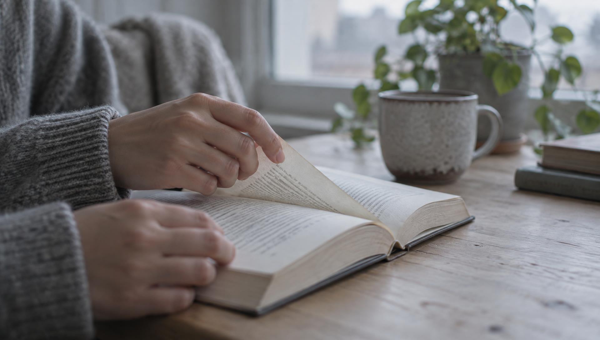 Hands turning the page of an open book in cool morning light